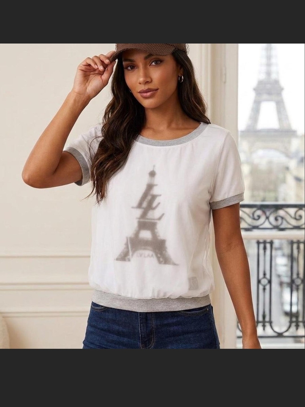 Casual White Ringer Tee with Grey Trim and Eiffel Graphic +Hat